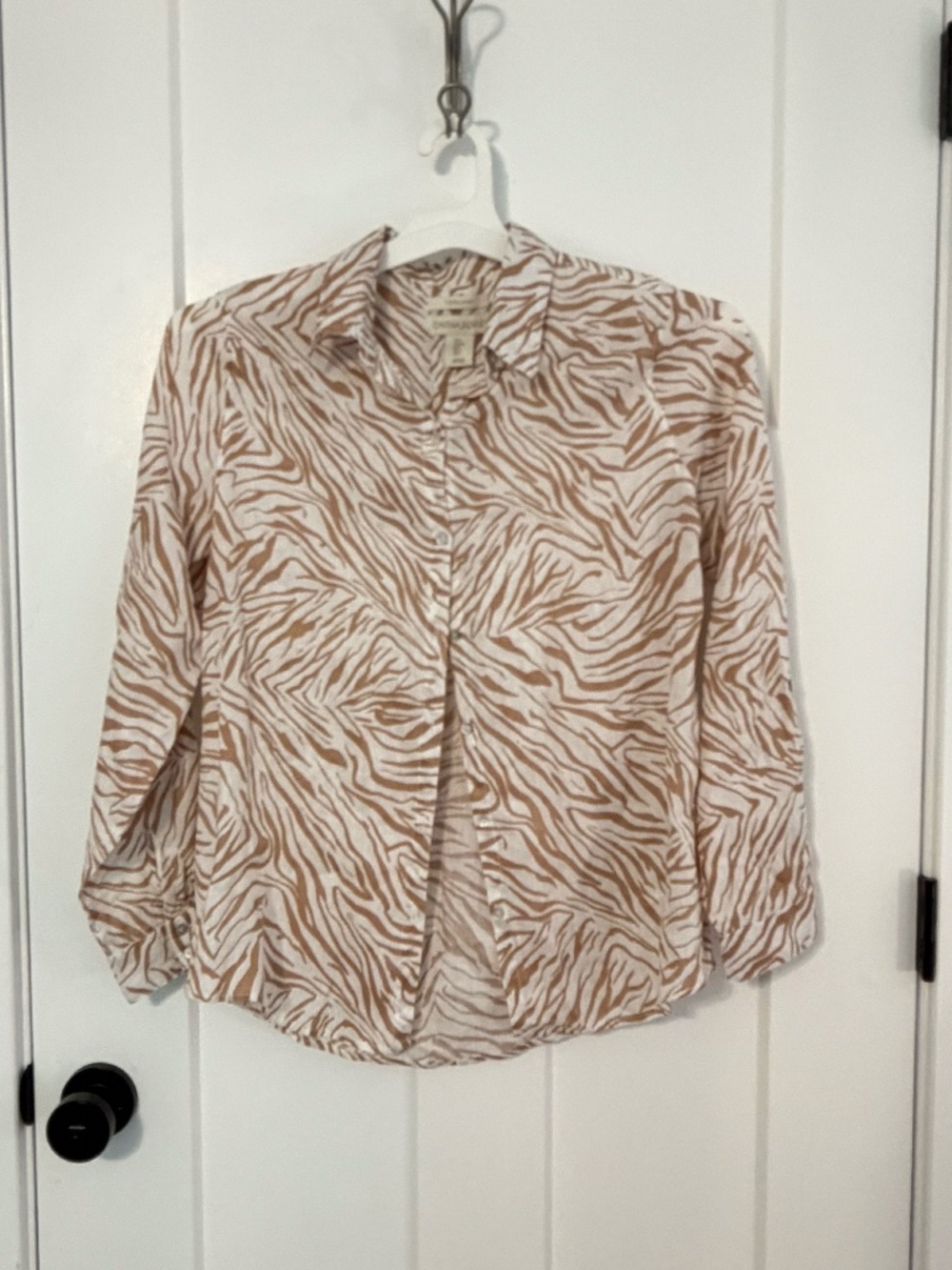 Cynthia Rowley 100% Linen Zebra Print Blouse Button Up Roll Tab Long Sleeve SM